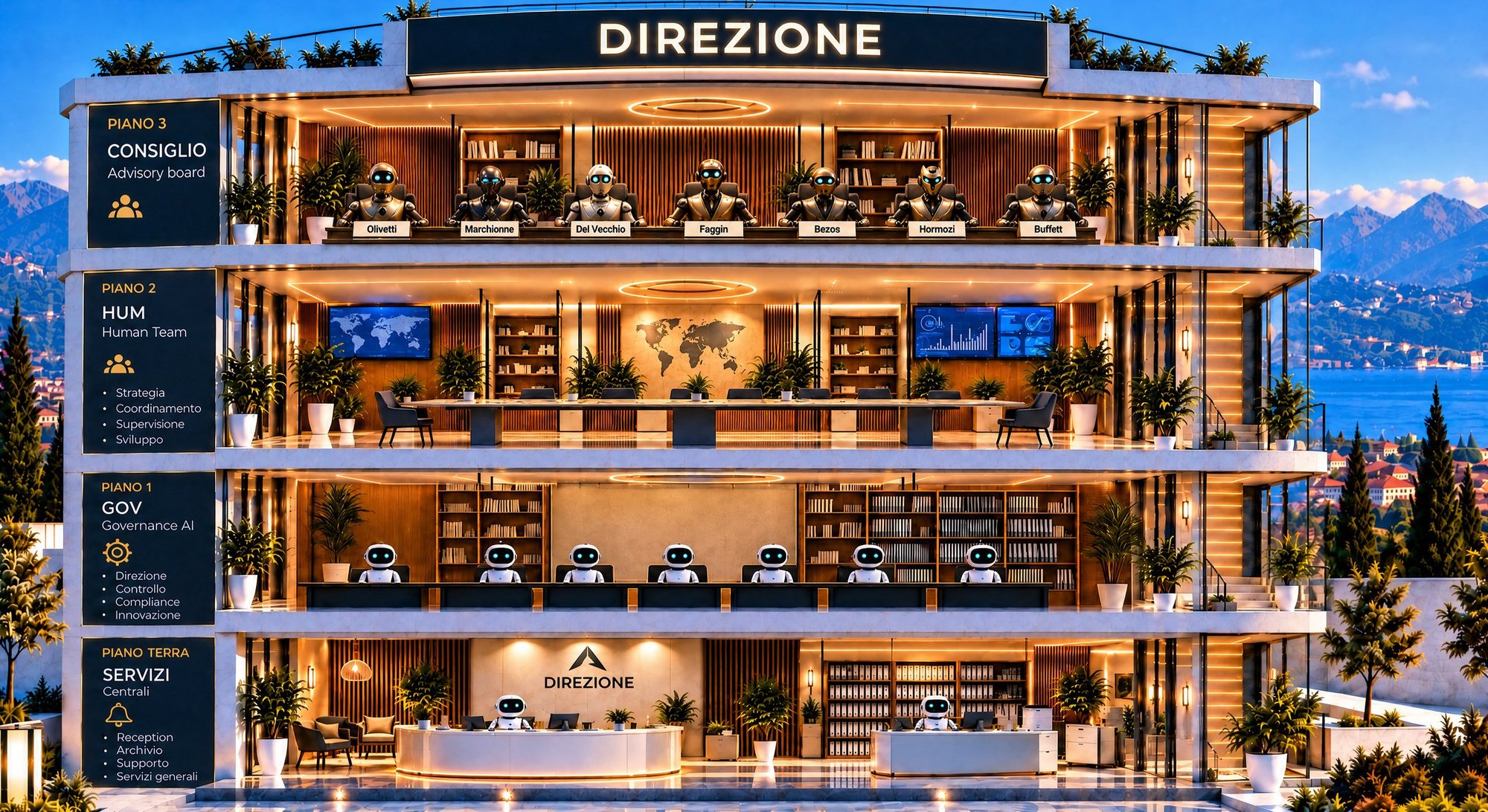 Interno della palazzina Direzione: il Consiglio al piano alto, la sala riunioni delle persone, gli agenti di governo e, al piano terra, reception e archivio