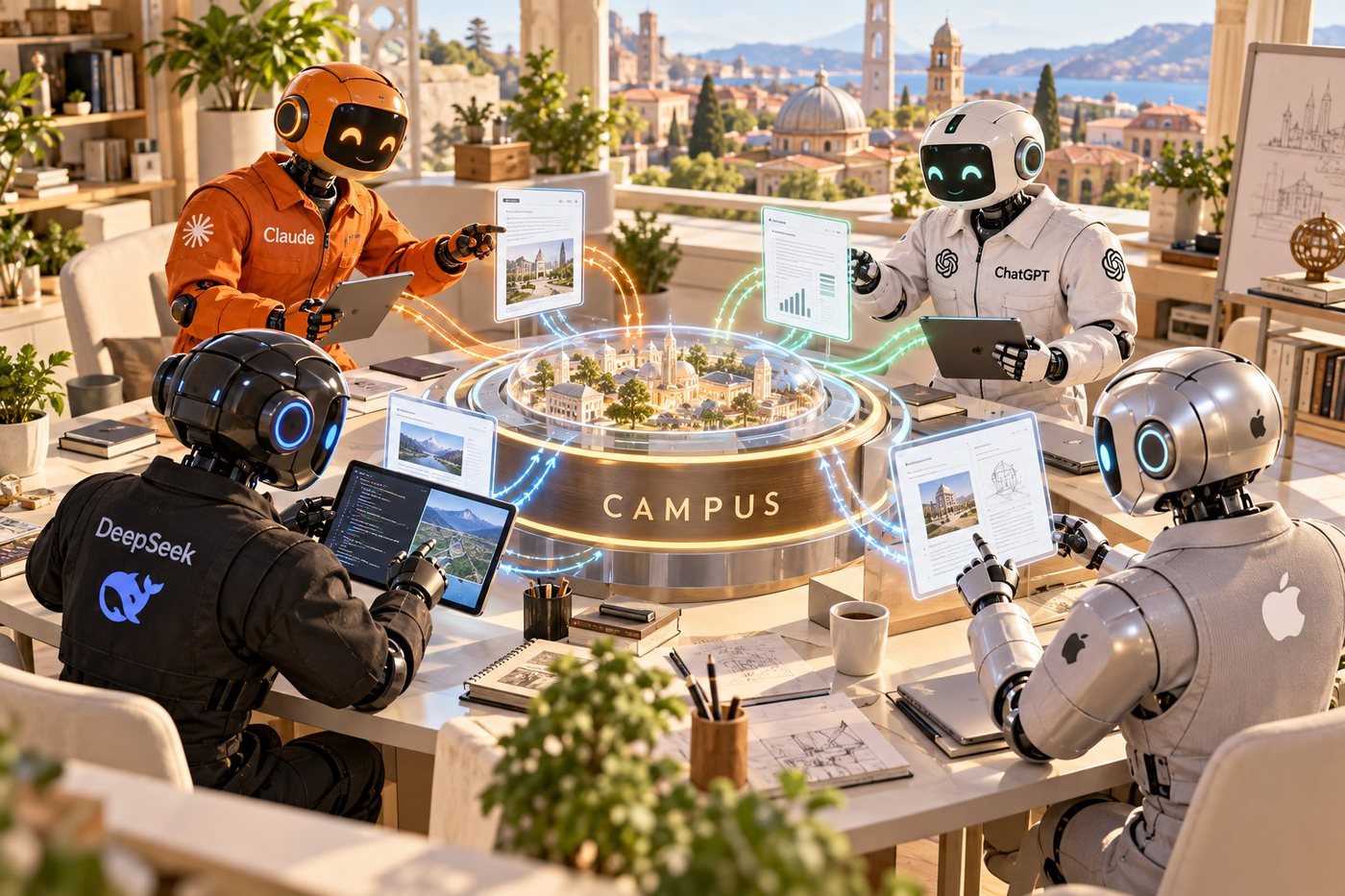 Robot con le tute di diversi modelli intorno al banco del Campus